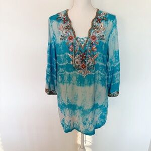 Soft Surroundings Tie Dye Beaded Floral Embroidered Tunic Size M